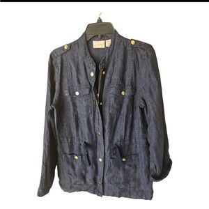 Chico’s Linen Utility Jacket Blue Waist Drawstring Womens Sz M Military Snap Zip